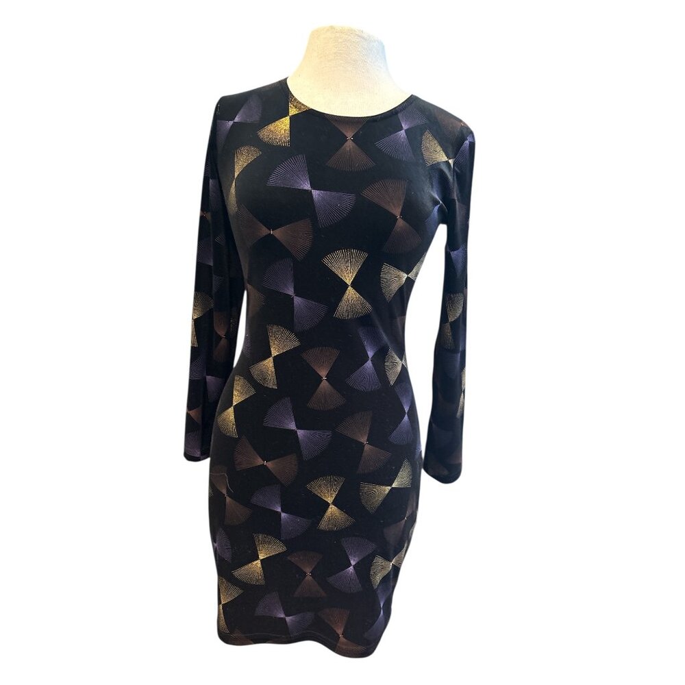 Maxima USA Long Sleeve Geometric Print Bodycon Dress Black Purple Gold Womens 17